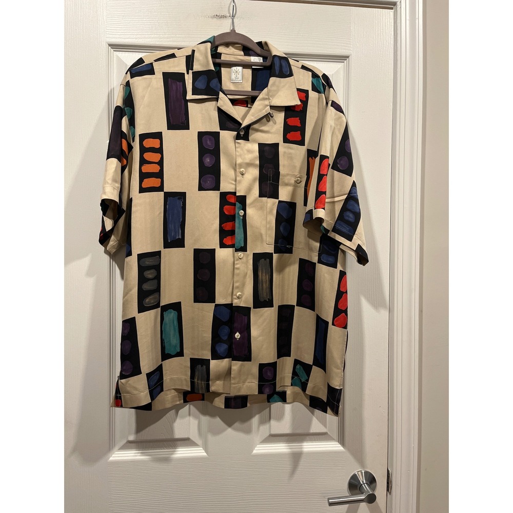 Burma Bibas Mens Silk Shirt M Vintage Abstract Geometric Short Sleeve Tan Black